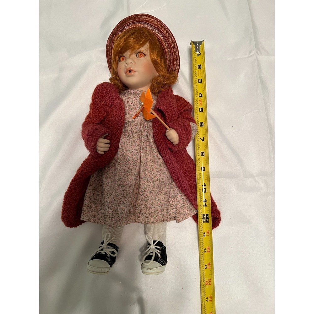 Vintage Porcelain Doll Red Hair, Floral Dress, Knit Sweater, Hat & Pinwheel - Picture 9 of 10